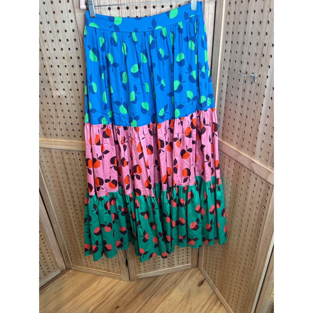 Kate Spade New York Colorblock Tiered Maxi Skirt Fruit Print Blue Pink Green 10